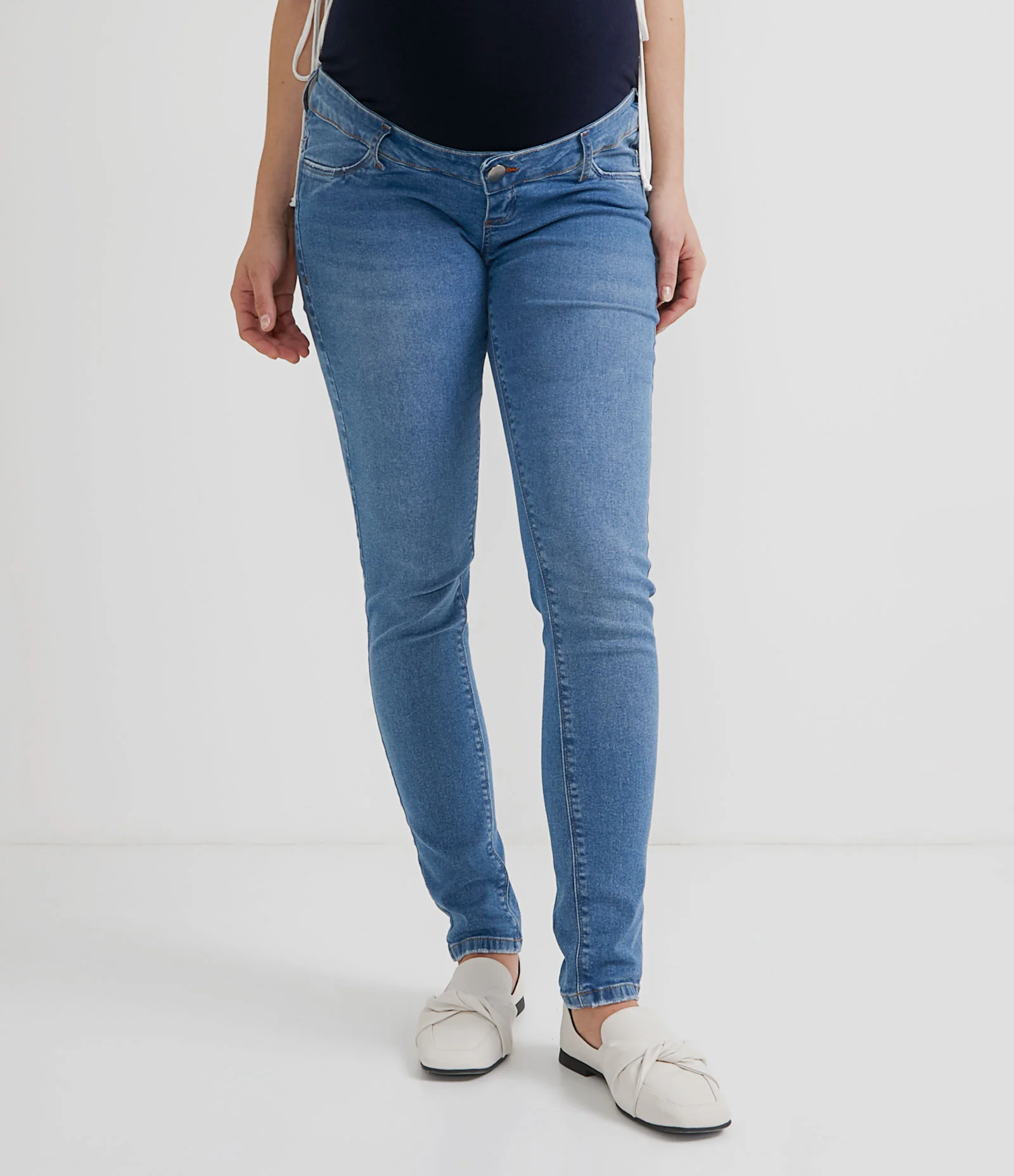 Calça Skinny Jeans com Barrigueira em Malha Maternity Azul 1