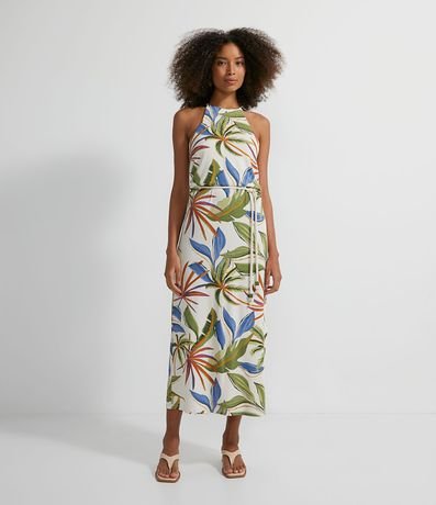 Menor preço em Vestido Midi em Viscose com Alça e Cordão na Cintura Estampa Folhagem