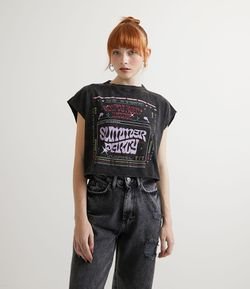 Blusa Cropped em Algodão Sem Mangas com Estampa Summer Party