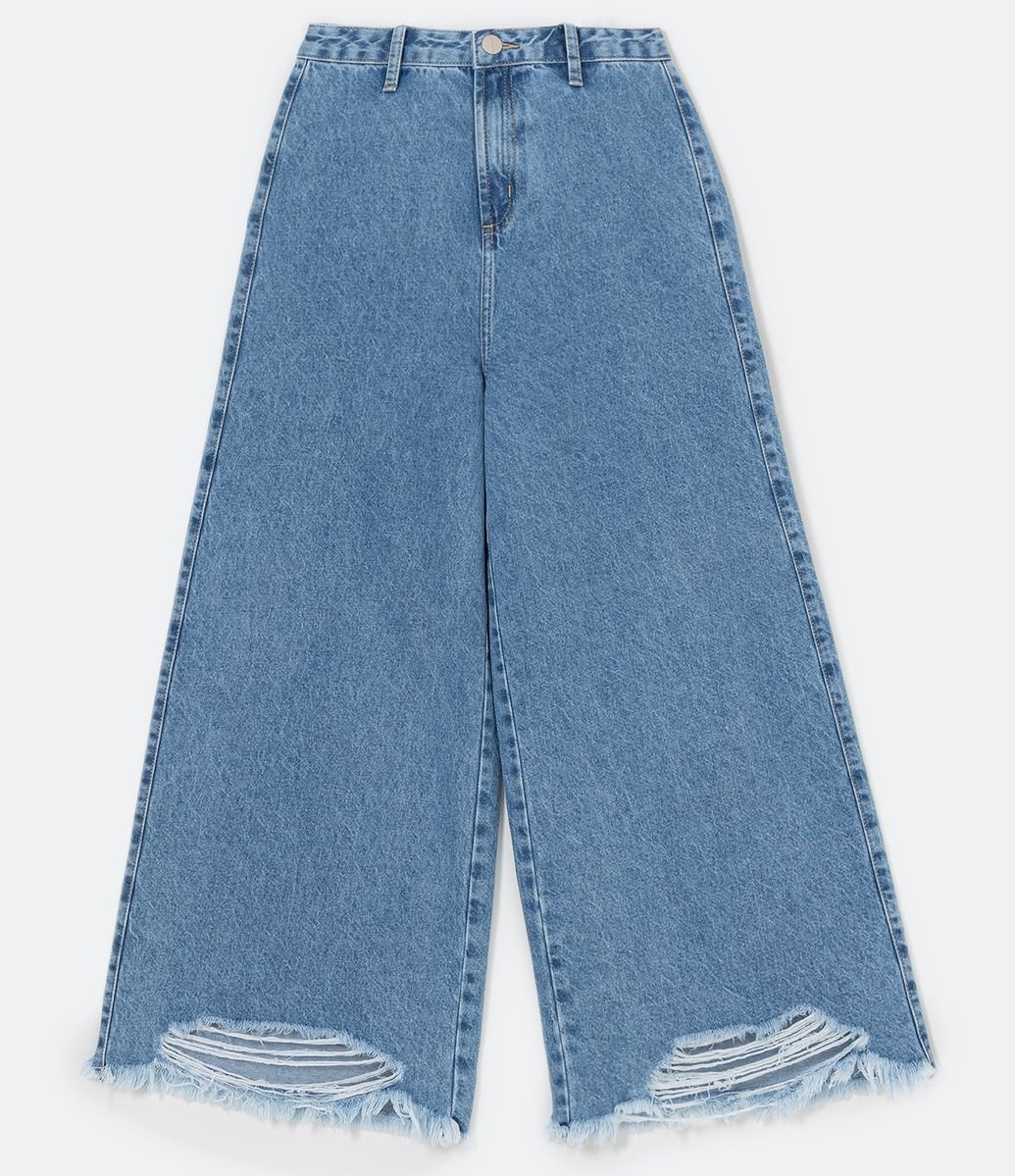 Calça Pantacourt Jeans com Puídos na Barra Azul