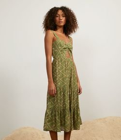 Vestido Midi em Viscose Estampa Floral com Babados e Recorte Frontal