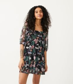 Vestido Curto em Tule Estampa Floral com Babados