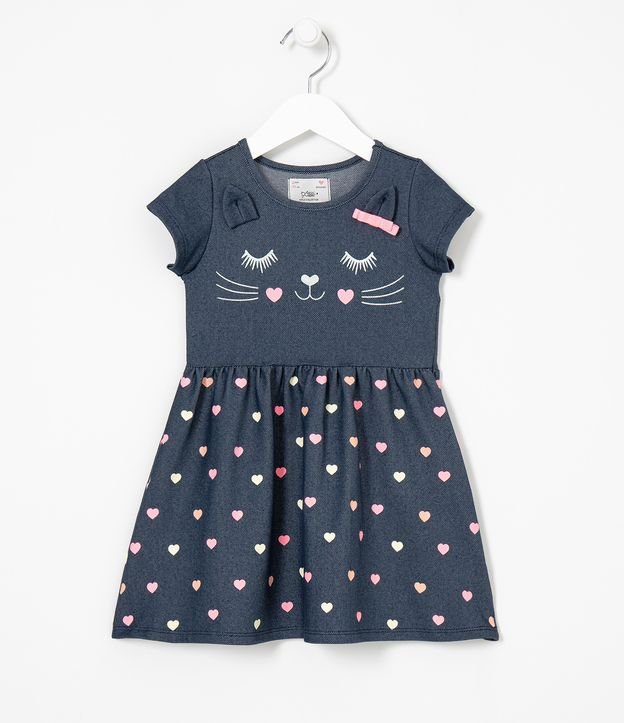 Vestido Infantil Estampa de Gatinha com Orelhinhas 3D - Tam 1 a 5 anos Azul 1