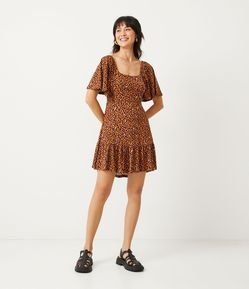 Vestido Curto em Viscolycra com Estampa Animal Print Onça e Franzido