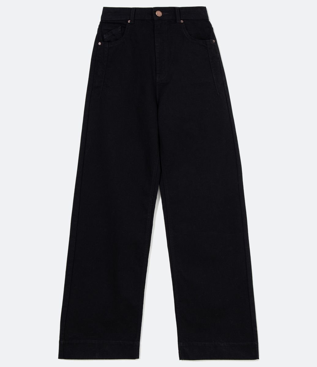 Calça Wide Leg em Sarja com Barra Larga Preto