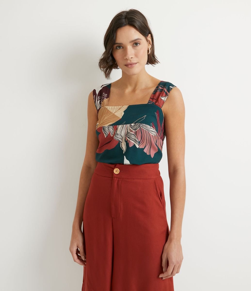 Blusa Regata com Alças Largas e Estampa de Folhagem Menor preço em Blusa Regata com Alças Largas e Estampa de Folhagem