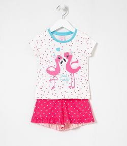 Pijama Infantil Curto Estampa Poá com Flamingos - Tam 1 a 4 anos