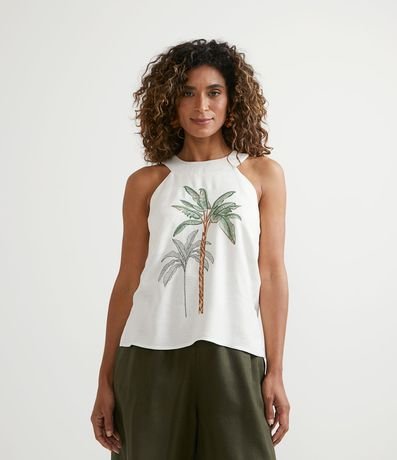 Blusa sem Manga em Viscolinho com Bordado de Coqueiro Menor preço em Blusa sem Manga em Viscolinho com Bordado de Coqueiro