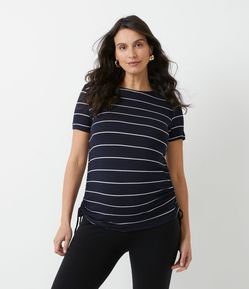 Blusa Manga Curta em Viscose com Colisse na Lateral e Estampa Listrada Maternity