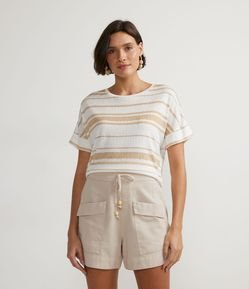 Blusa Manga Curta em Viscose Listrada com Entremeio nos Ombros