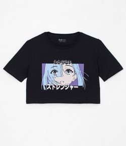 Camiseta Cropped com Manga Curta em Algodão Estampa Menina Mangá