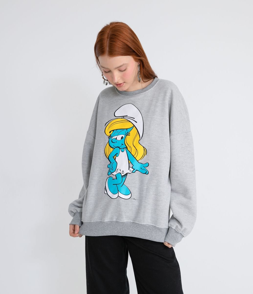 Blusão Fechado em Moletom com Estampa Smurfette Menor preço em Blusão Fechado em Moletom com Estampa Smurfette