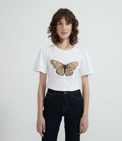 Blusa Manga Curta em Algodão com Estampa de Borboleta com Pedrarias