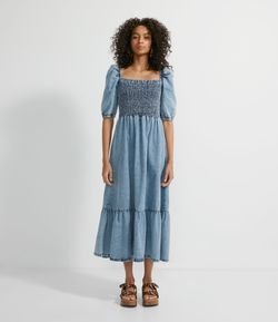 Vestido Longo Jeans com Manga Bufante e Lastex no Busto