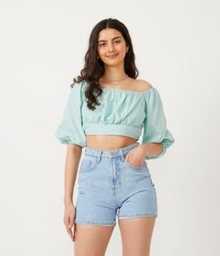 Blusa Cropped em Algodão com Manga Bufante e Decote Ombro a Ombro