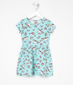 Vestido Infantil em Cotton Estampa de Unicórnios - Tam 1 a 5 anos