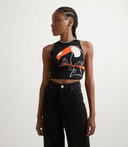 Blusa Cropped em Tricô com Estampa de Tucano