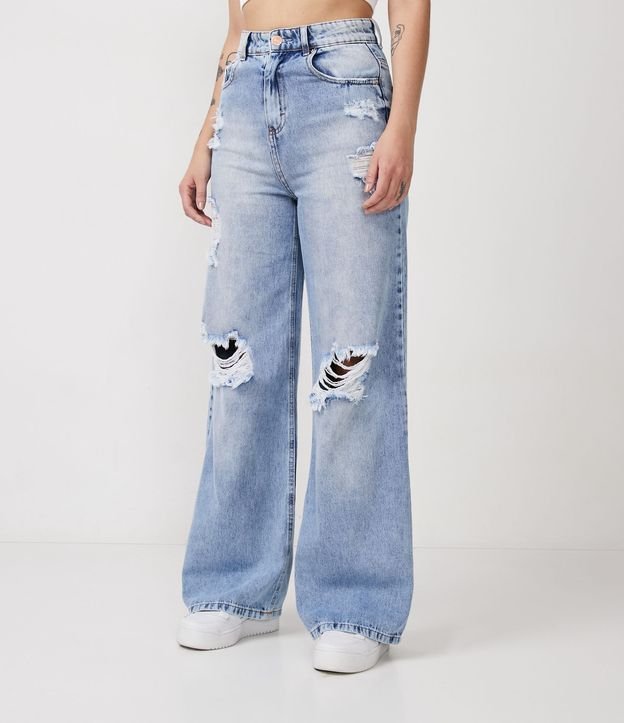 Pantalón Wide Leg en Jeans con Desgastes Azul 2