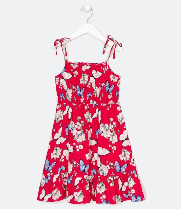 Vestido Infantil en Viscosa con Estampado Floral y Mariposas - Talle 5 a 14 años Rojo 1