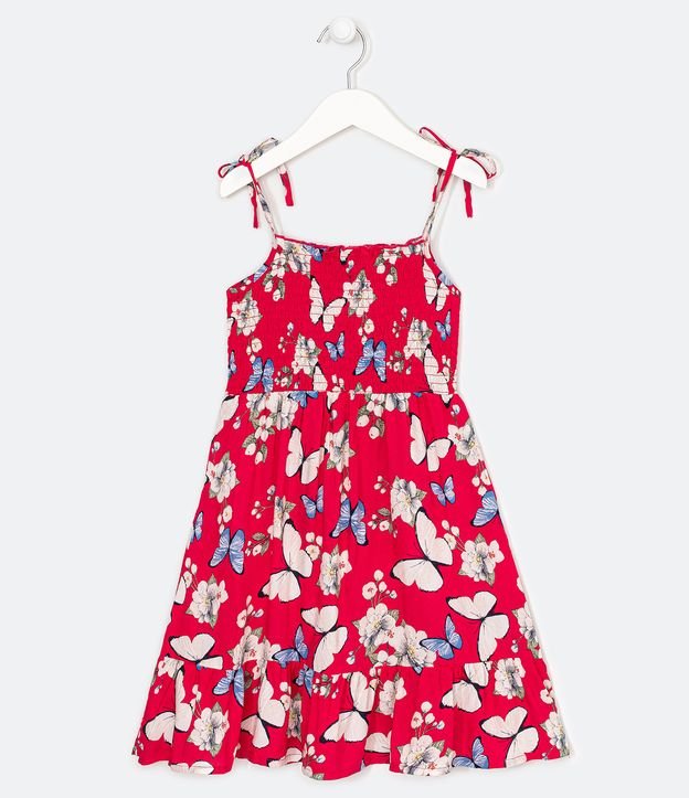 Vestido Infantil en Viscosa con Estampado Floral y Mariposas - Talle 5 a 14 años Rojo 2