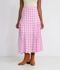 Saia Midi em Viscose Xadrez com Babados nas Laterais