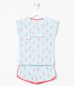 Pijama Infantil Curto Estampa de Flamingos - Tam 5 a 14 anos