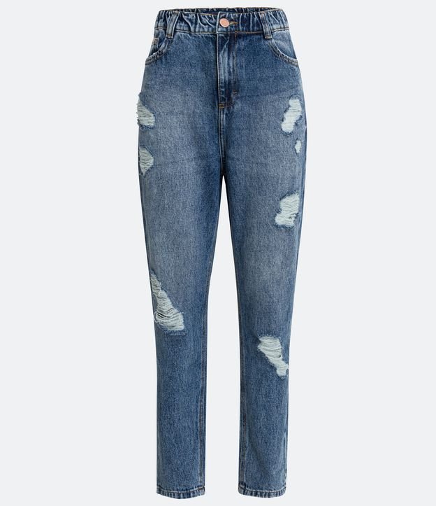 Pantalón Mom en Jeans con Elástico en la Cintura Destroyed Azul 6