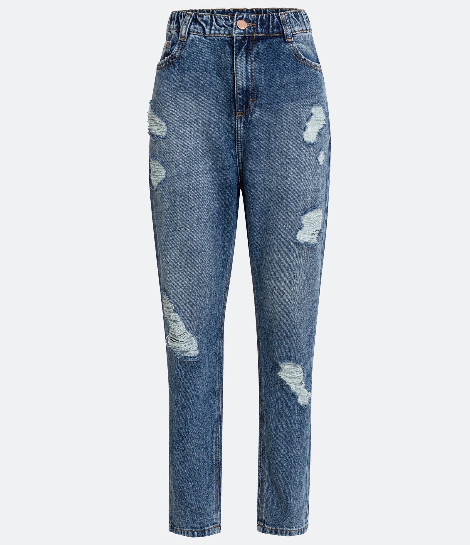 Calça Mom Jeans com Elástico na Cintura Destroyed Azul 6