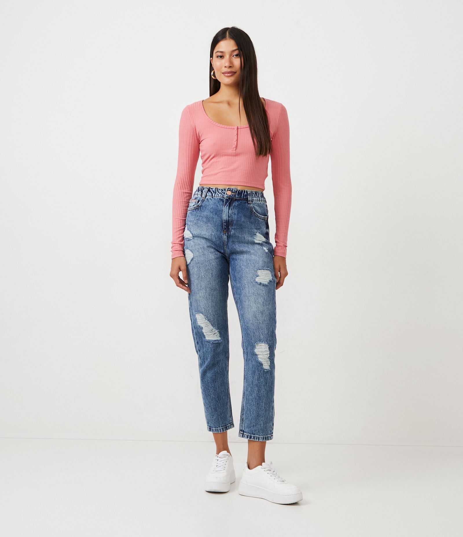 Calça Mom Jeans com Elástico na Cintura Destroyed Azul 1