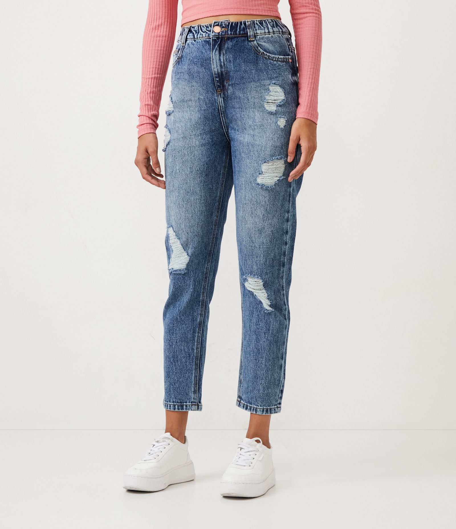 Calça Mom Jeans com Elástico na Cintura Destroyed Azul 2