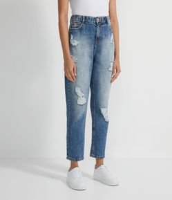 Pantalón Mom en Jeans con Elástico en la Cintura Destroyed