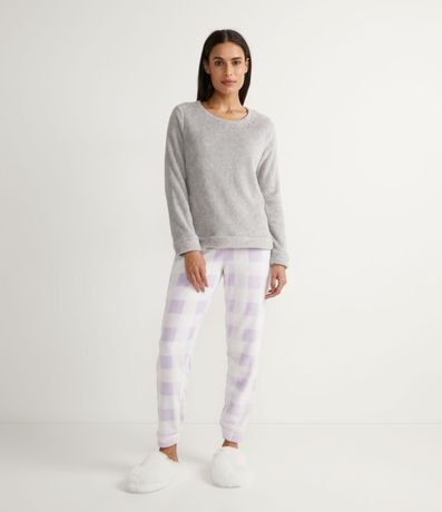 Pijama Longo em Fleece com Blusa Manga Longa e Calça Xadrez Cinza - Renner