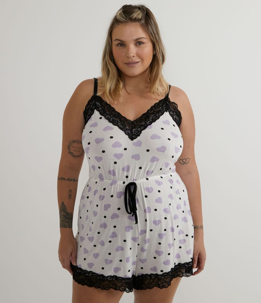 Pijama Macaquinho em Viscose com Estampa de Corações Curve & Plus Size Menor preço em Pijama Macaquinho em Viscose com Estampa de Corações Curve & Plus Size