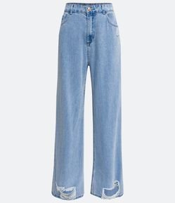 ***13 Calça Wide Leg Jeans com Puídos na Barra