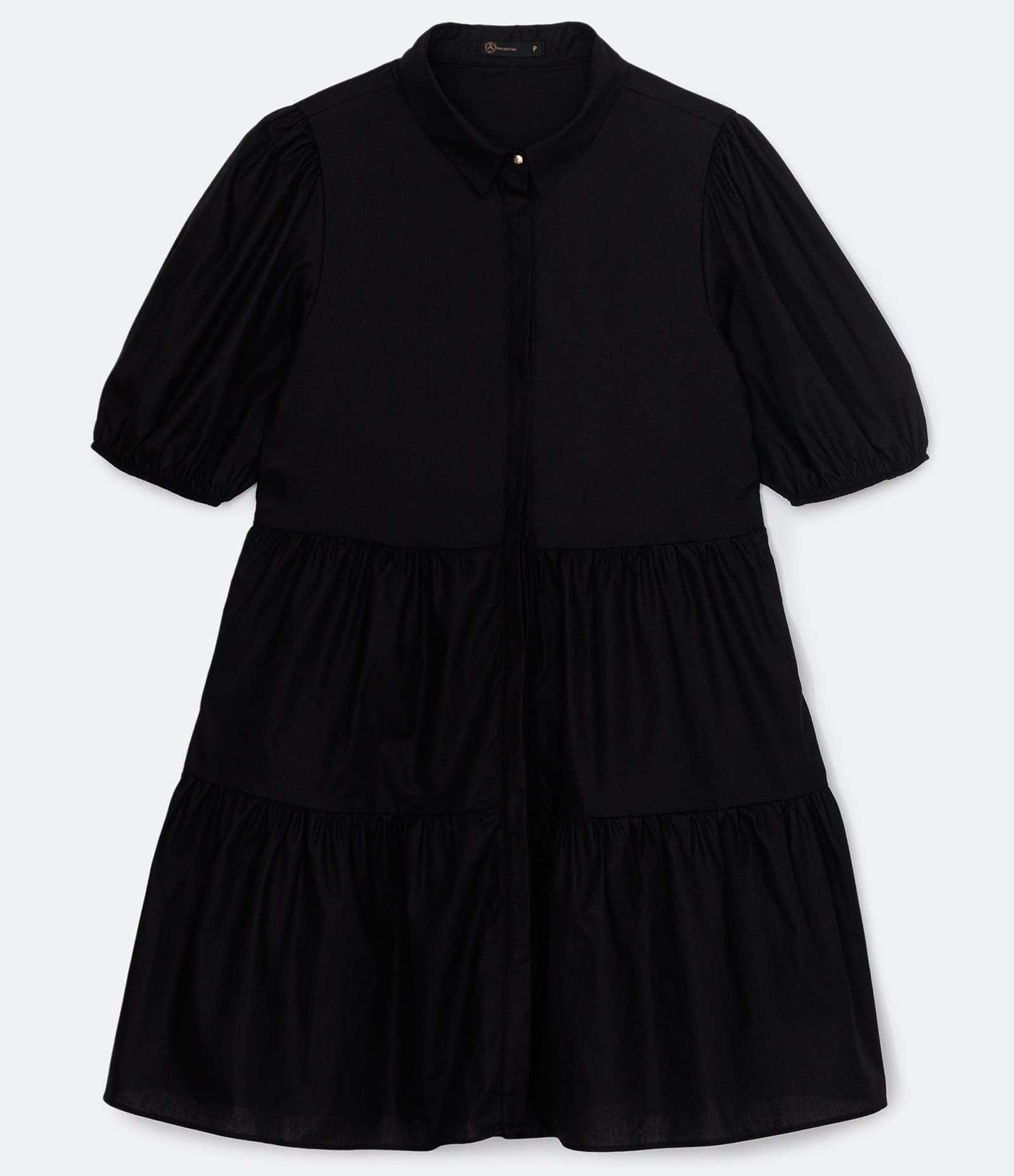 Vestido Curto em Tricoline com Babados na Saia Preto 6