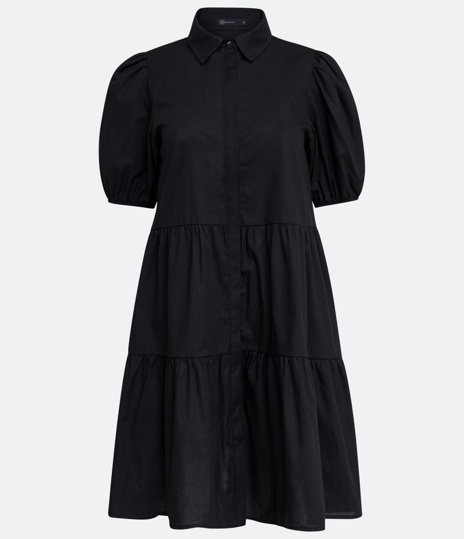 Vestido Curto em Tricoline com Babados na Saia Preto 7