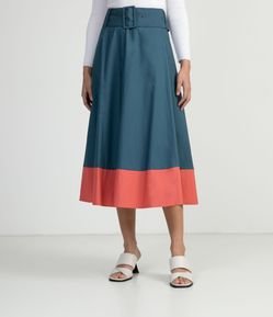 Saia Midi em Tricoline Color Block com Cinto Fivela