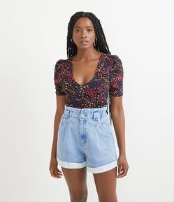 Blusa Manga Curta em Ribana com Decote V