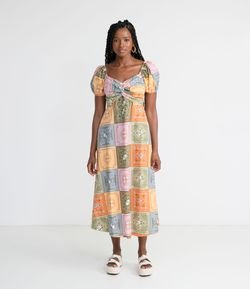 Vestido Midi em Tricoline com Estampa Azulejo Português