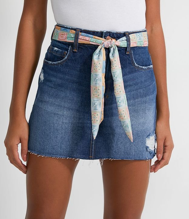 Saia em Jeans com Lenço Estampado Azul