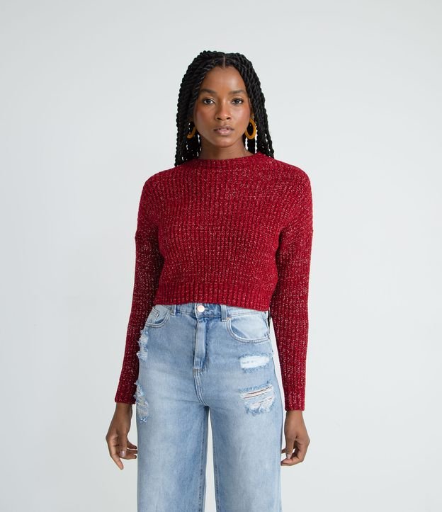 Blusão Suéter Cropped em Tricô com Golinha Alta e Fio Metalizado