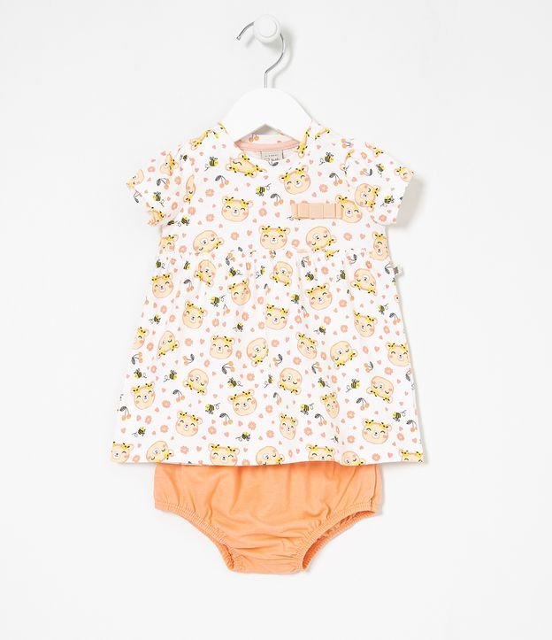 Vestido Infantil Estampa de Ursinhas com Calcinha - Tam 0 a 18 meses - Cor: Branco - Tamanho: 0-3M