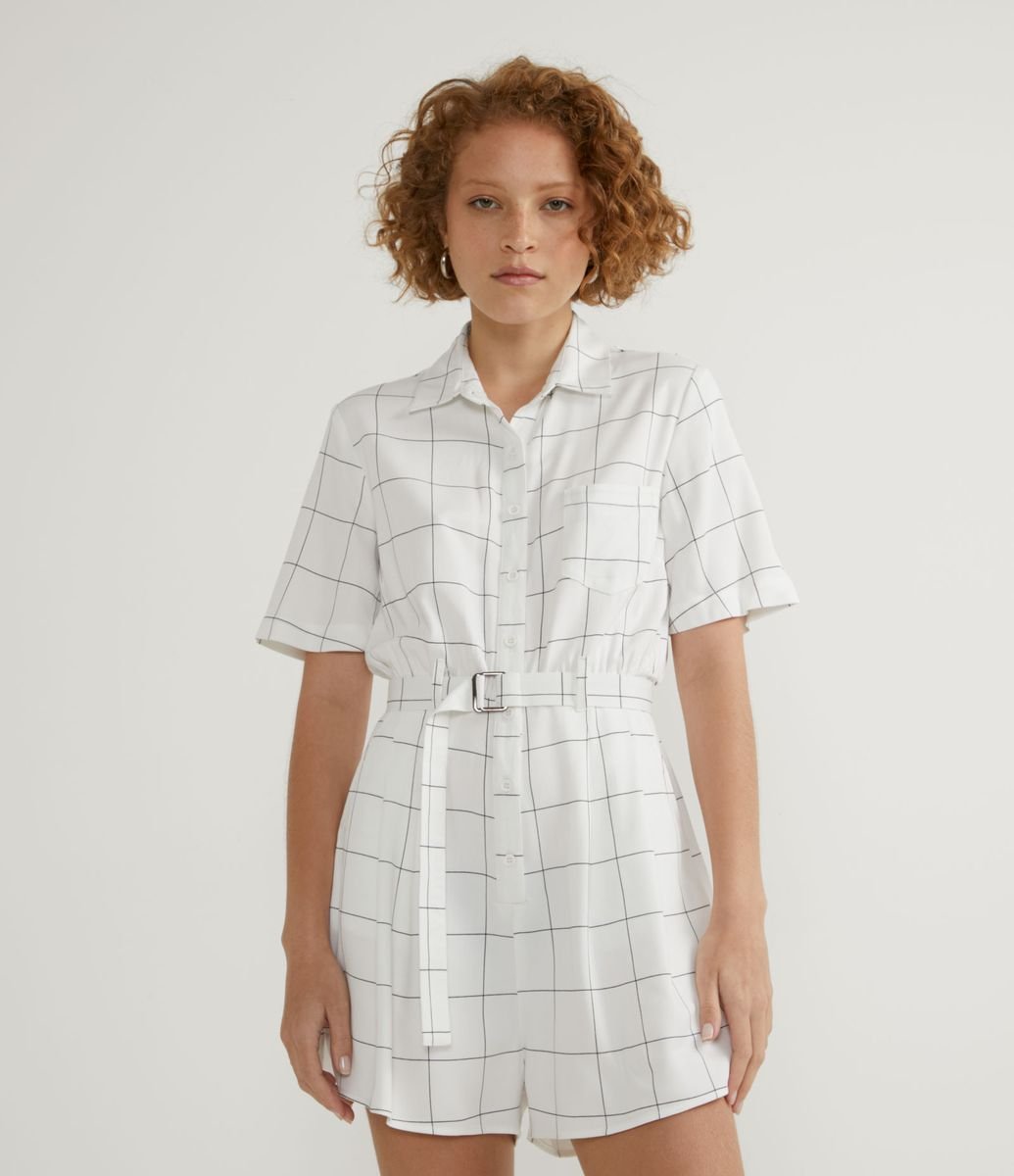 Mono en Viscosa con Estampado Cuadrillé Grid y Cinturón Hebilla Blanco