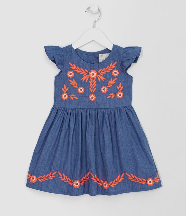 Vestido Infantil con Bordado de Flores y Canutillos - Talle 1 a 5 años Azul