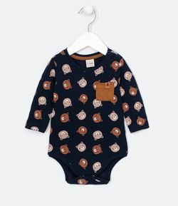 Body Infantil Estampa de Ursinhos com Bolsinho Contrastante - Tam 0 a 18 meses