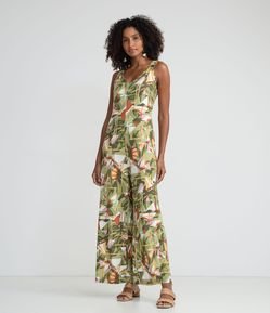 Macacão Longo em Viscose com Estampa de Folhagem