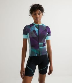 Camiseta de Ciclismo Esportiva com Estampa Geométrica e Zíper Frontal