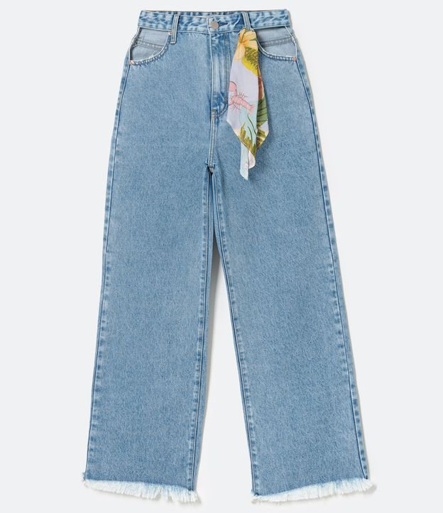 Calça Wide Leg Jeans com Lenço Azul