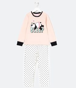 Pijama Infantil Longo em Algodão Estampa Poá e Panda