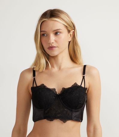 Sutiã Alongado em Cetim com Bojo e Bordado em Renda Preto - Renner